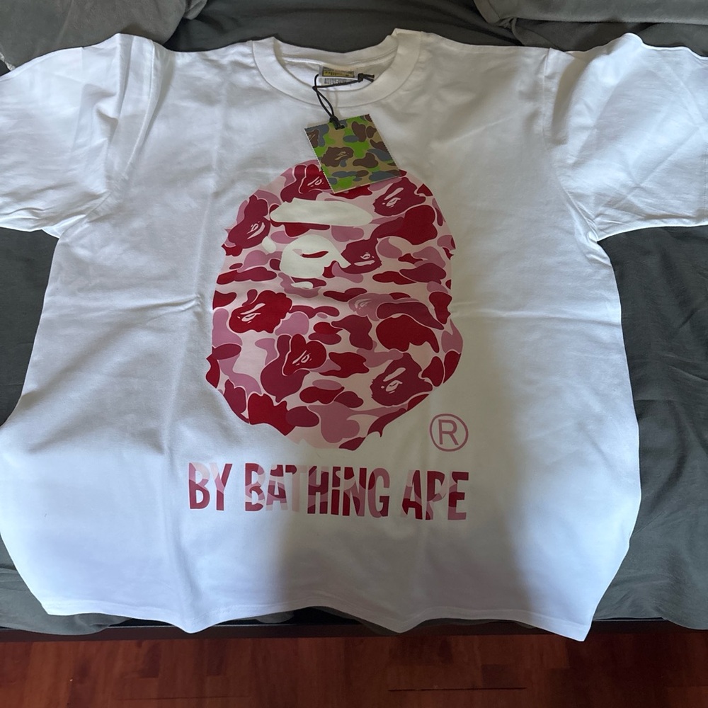 Bape White Short Sleeve Tee with Pink & Red Camo Ape Head - Picture 2 of 3